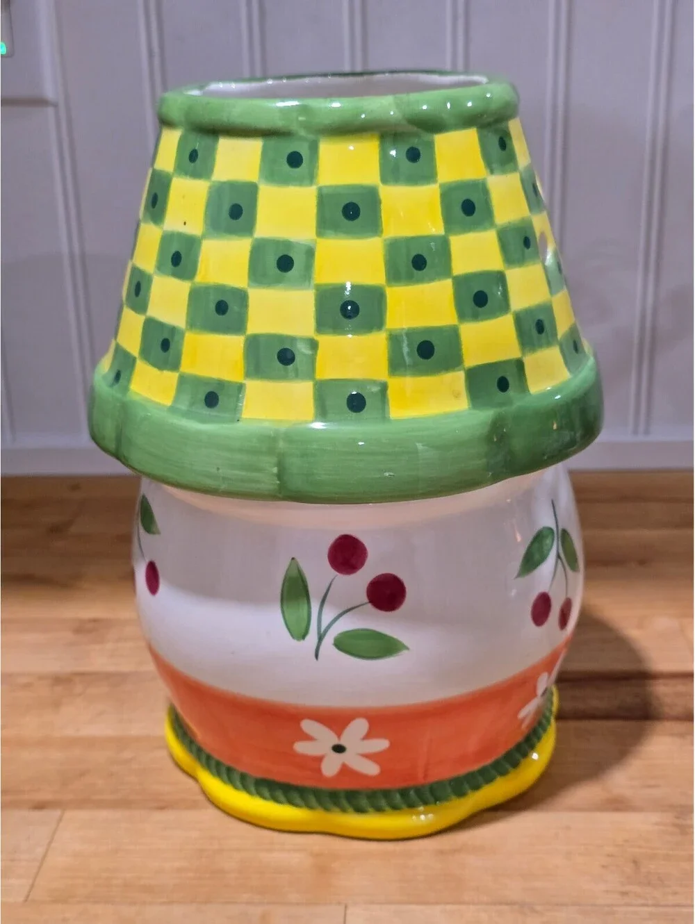 Vtg Ceramic Candle Holder Light Lamp Shade Colorful Fruit and Checkered Design